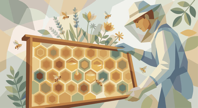 Flat vector editorial illustration style, a beekeeper inspecting a hive frame with macro-view honeycomb cells, using layered translucent geometric shapes 