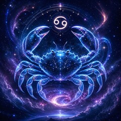 Fototapeta premium Cancer Zodiac Sign in Cosmic Galaxy – Glowing Celestial Crab Astrology Illustration with Deep Space Background. 