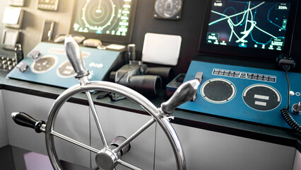 Wheelhouse steering console with digital dashboard of GPS navigation monitor, marine radar system, VHF Radio and binoculars in ship captain bridge or boat control room. Nautical vessel technology © zephyr_p