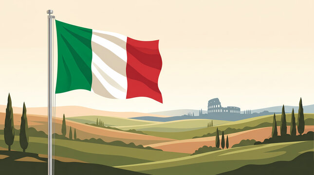Italy National Flag with Tuscan Landscape and Colosseum Premium Vector Illustration