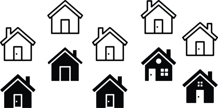 Real estate house icon set featuring black solid silhouettes and thin outline residential property building shapes for neighborhood map graphics.