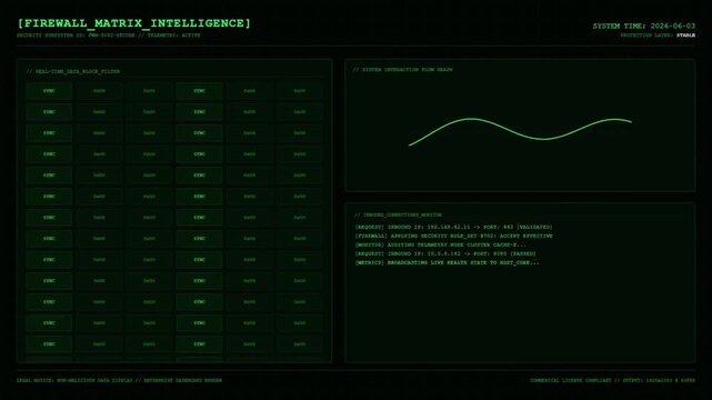 Sci fi firewall matrix intelligence screen showing green data block filter pass indicators and system interaction flow graph.