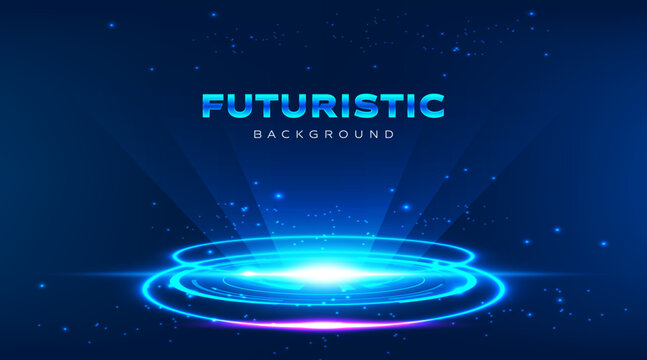 Futuristic technology blue glowing portal background with neon light rings on dark blue space. Abstract digital vector scene for presentation, banner, innovation, AI, and science themes.