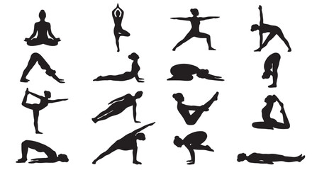 Yoga Pose Silhouettes A Black And White Vector Illustration Collection For Wellness Design poses figure © MdSamir