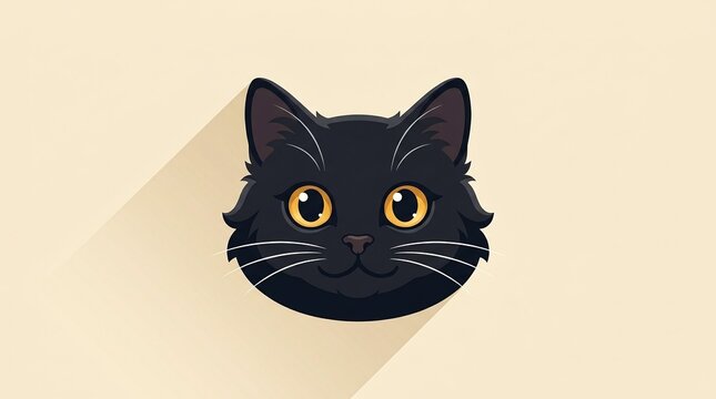Cute black cat head illustration with yellow eyes and long shadow