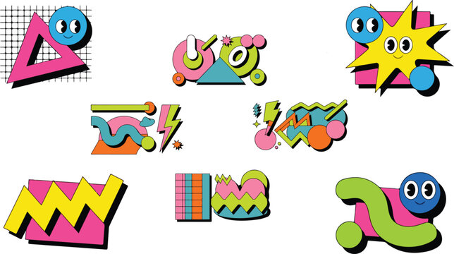 Vintage Y2K colorful graphic clip art collection featuring quirky geometric blocks triangles wavy lines and pastel pop art patches with drop shadow