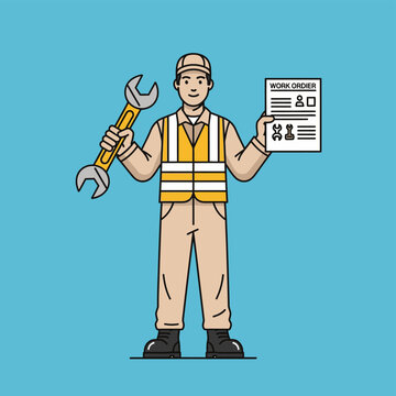 Worker holding wrench and work order