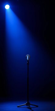A single microphone stands alone on a dark stage under the glow of a blue spotlight, vocalists, soundstage