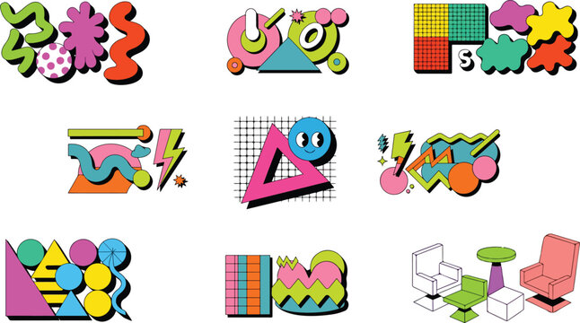 Vintage Y2K colorful graphic clip art collection featuring quirky geometric blocks triangles wavy lines and pastel pop art patches with drop shadow