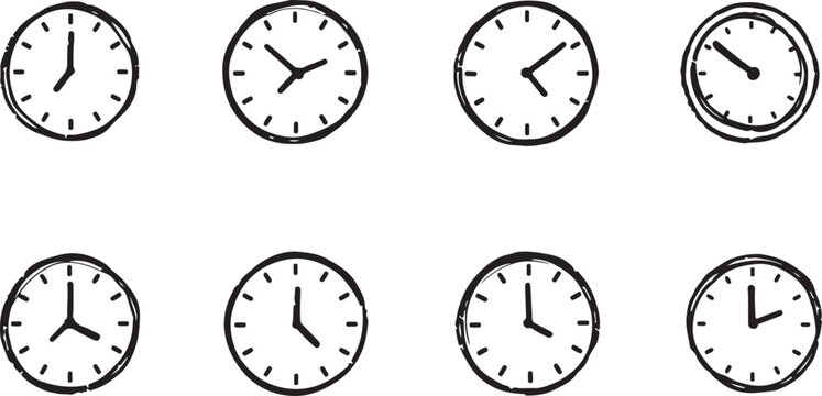 A collection of hand-drawn clock illustrations emphasizing the conceptual nature of time, its fleeting essence, and the importance of punctuality and schedule adherence