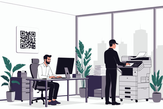 Office workers performing daily tasks including computer work and using a large digital multifunction printer scanner.