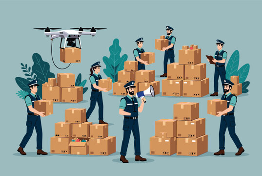 Team of logistics workers managing a large warehouse operation with drones and many cardboard boxes for package delivery.