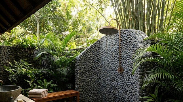 Luxury Zen Open Air Outdoor Hotel Shower with River Stones