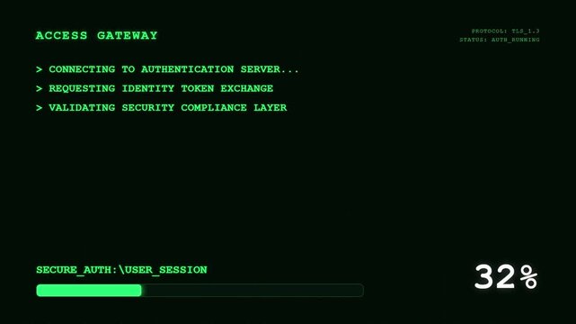 Sci fi access gateway screen showing green security authentication login process and user session progress bar.