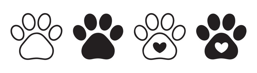 Paw prints and heart icons set silhouette and outline animal track graphic elements for creative designs. © Farik