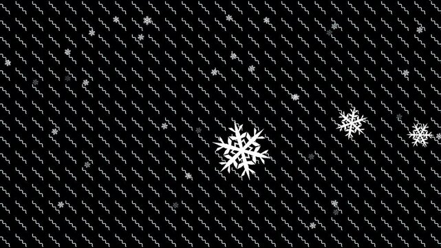 Animated White Snowflakes Falling over Abstract Zig Zag Wavy Lines on Black Background Video 4k