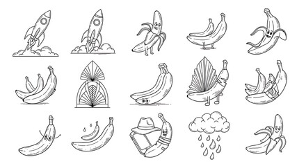 Fototapeta premium Fun banana character icons and rocket sketches on white