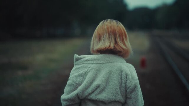 Young woman standing by railway tracks at dusk with fleece jacket