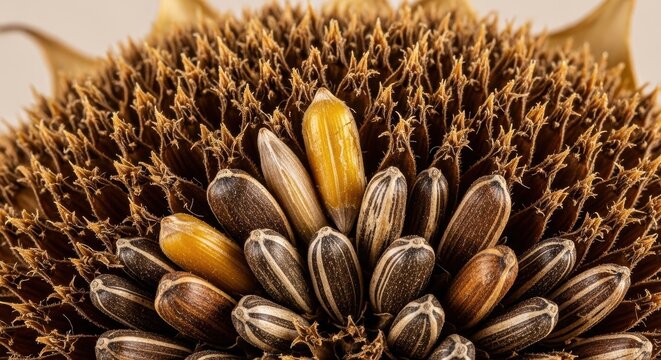 Close-up macro photography of sunflower seeds inside a dried flower head showing intricate texture and summer floral bloom