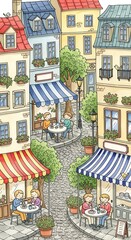 Naklejka premium Charming outdoor street cafe scene with people dining in a cozy city