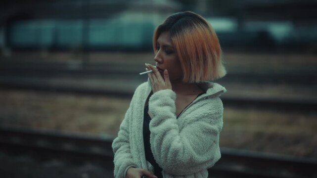 Young woman standing by railway tracks at dusk with fleece jacket