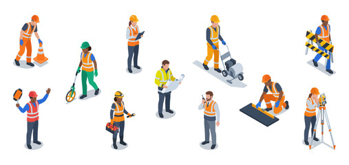 Road construction workers and infrastructure laborers wearing safety vests and hardhats while surveying, measuring, and directing traffic | Isometric vector illustration
