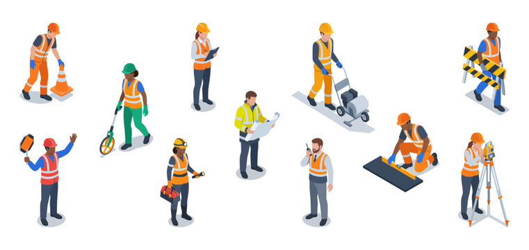 Road construction workers and infrastructure laborers wearing safety vests and hardhats while surveying, measuring, and directing traffic | Isometric vector illustration