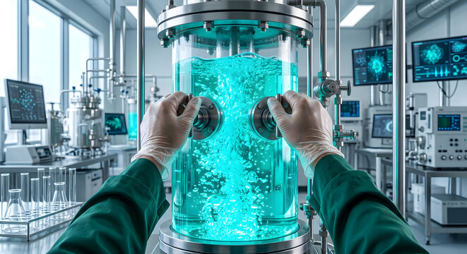 Scientist wearing white gloves adjusts knobs on large glass bioreactor filled with bubbling blue liquid in laboratory.