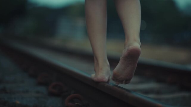 Young barefoot girl walking along railway tracks at dusk