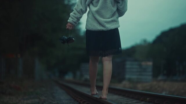 Young barefoot girl walking along railway tracks at dusk