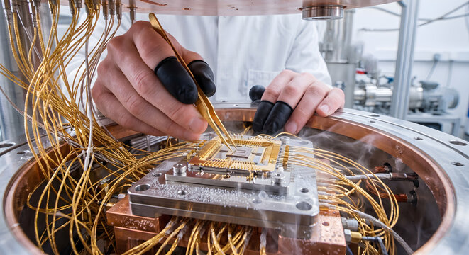 Scientist working with quantum computer chip research and development advanced technology complex wiring cryogenic chamber.