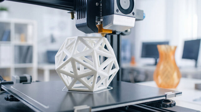A 3D printer is actively printing a complex geometric object, showcasing modern technology and manufacturing innovation