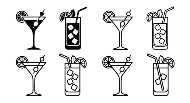 Cocktail Glasses And Highball Glasses Black Line Icons On White Background