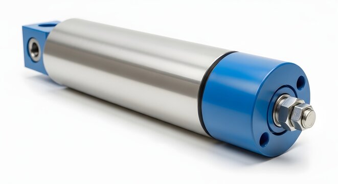 Industrial pneumatic cylinder with blue end caps and mounting.