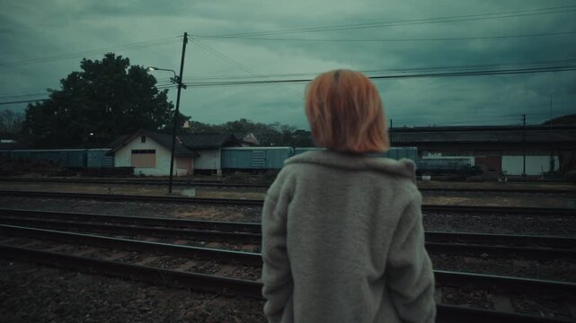 Blonde woman standing on gravel platform beside passing train at dusk