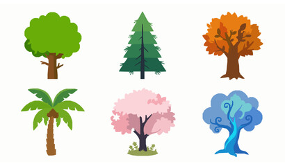 Fototapeta premium Cute cartoon tree collection vector set with colorful forest and seasonal plant illustrations