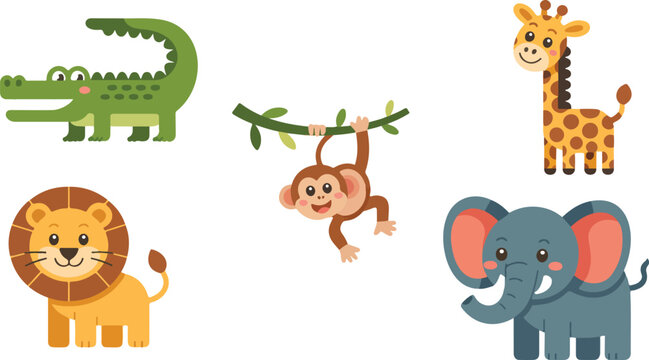 Adorable safari animal character collection with smiling elephant calves spotted giraffes mane lions and walking reptiles for nursery pattern graphic assets