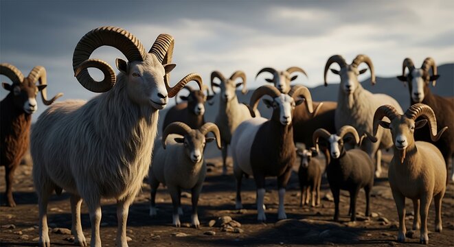 Herd of mountain rams with large curved horns in the wild