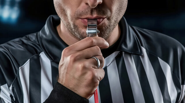 Football referee whistle match sport striped shirt close up hand stadium lights man control football referee blowing whistle to control match