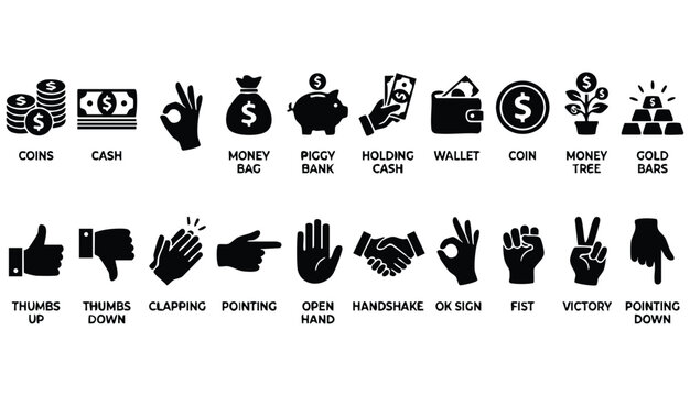 A set of money and hand silhouette icons