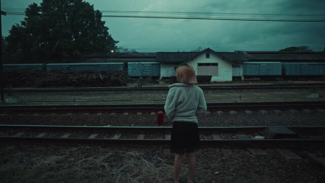 Blonde woman standing on gravel platform beside passing train at dusk
