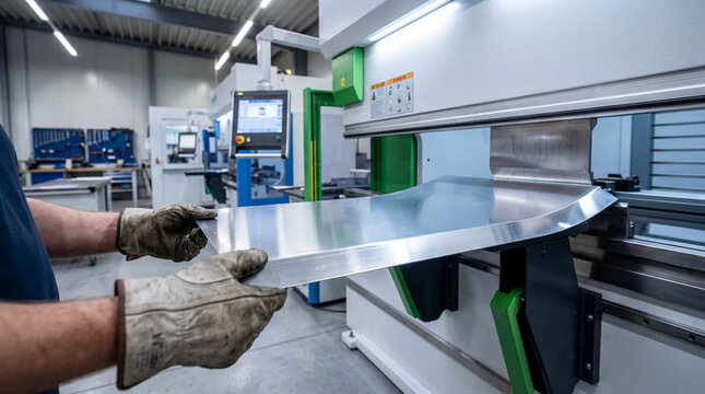 Worker's hands operating a modern industrial press brake machine for precision metal bending and fabrication in a factory