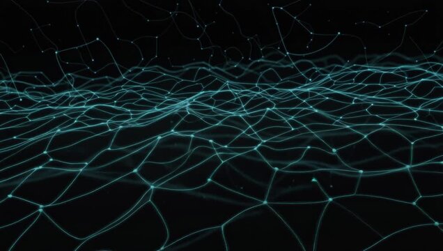 Abstract AI Plexus Data Hub Loop with Tight Cyan Wireframe Grid and Constellation Sky Background
