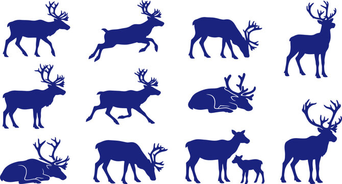 vector can editable Majestic reindeer silhouettes highlighting the intricate antler structures of arctic rangifer tarandus