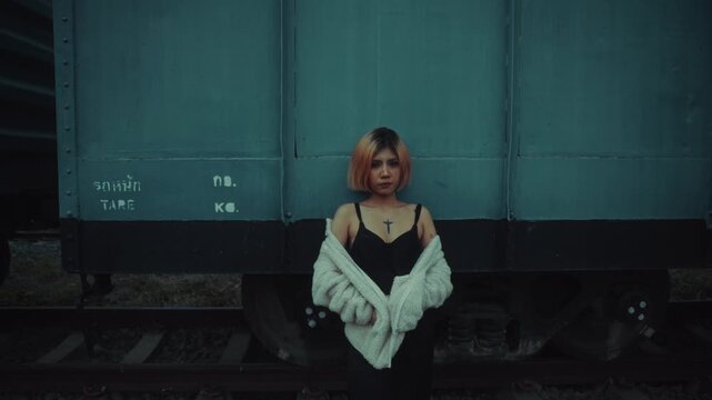 Young woman standing beside freight train on desaturated dusk railway