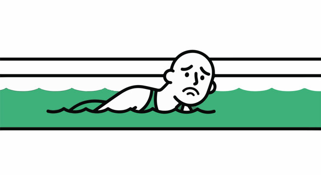 Cartoon person struggling while swimming in water.