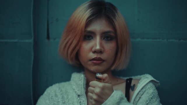 Young woman lighting a lighter against teal tiled train, moody close-up portrait