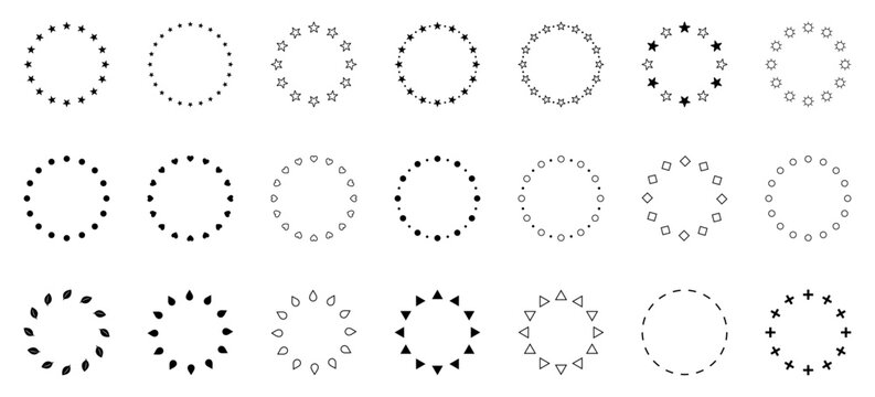 Set of circular decorative frames featuring stars, hearts, leaves, dots, triangles, crosses, and geometric shapes. Ideal for badges, labels, logos, highlights, design elements.