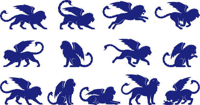 vector can editable Mythological heraldry silhouettes depicting the fierce manticore and winged lion