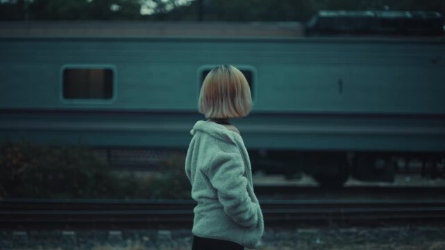 Blonde woman standing on gravel platform beside passing train at dusk